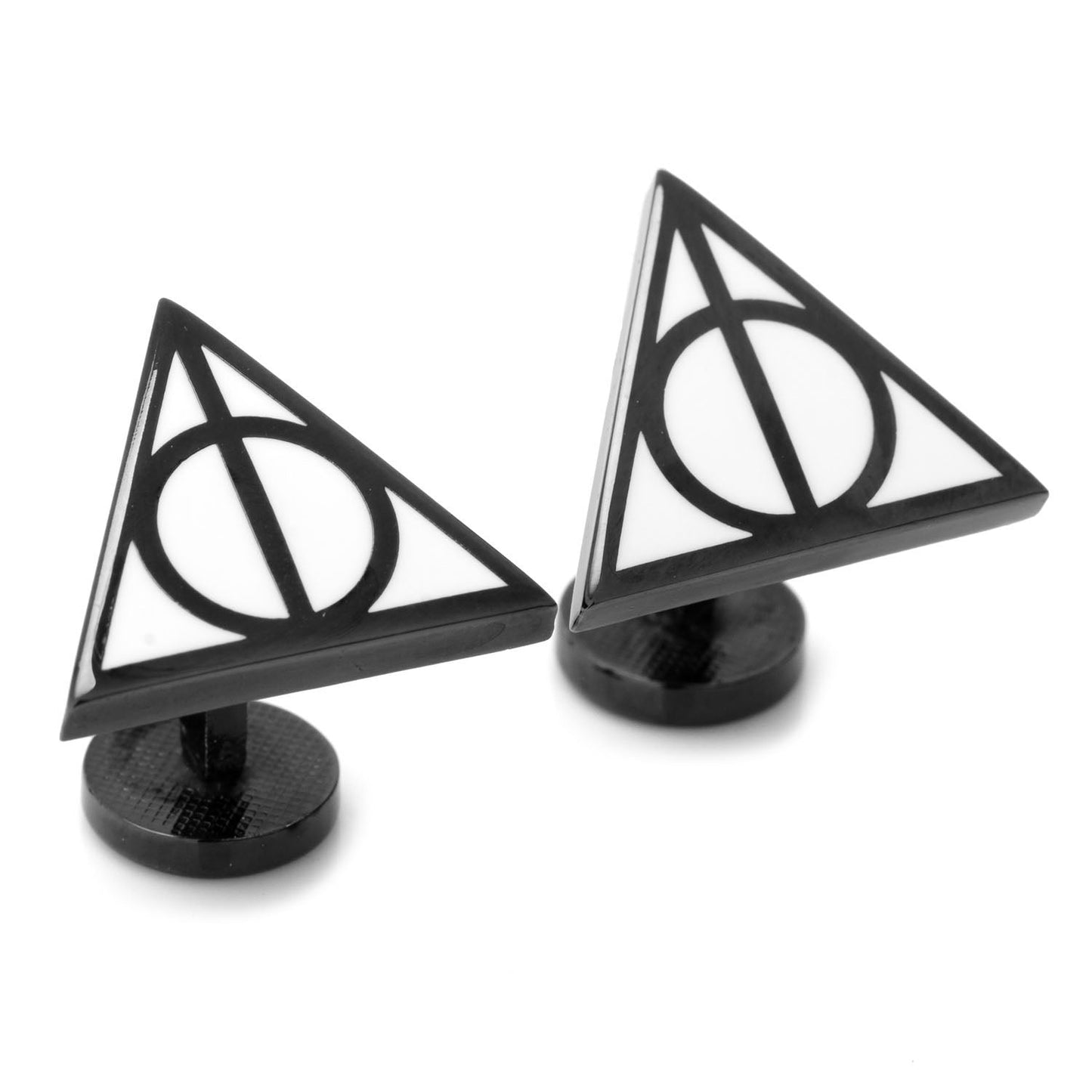 Two black triangular objects with a central circle and intersecting lines on a white background