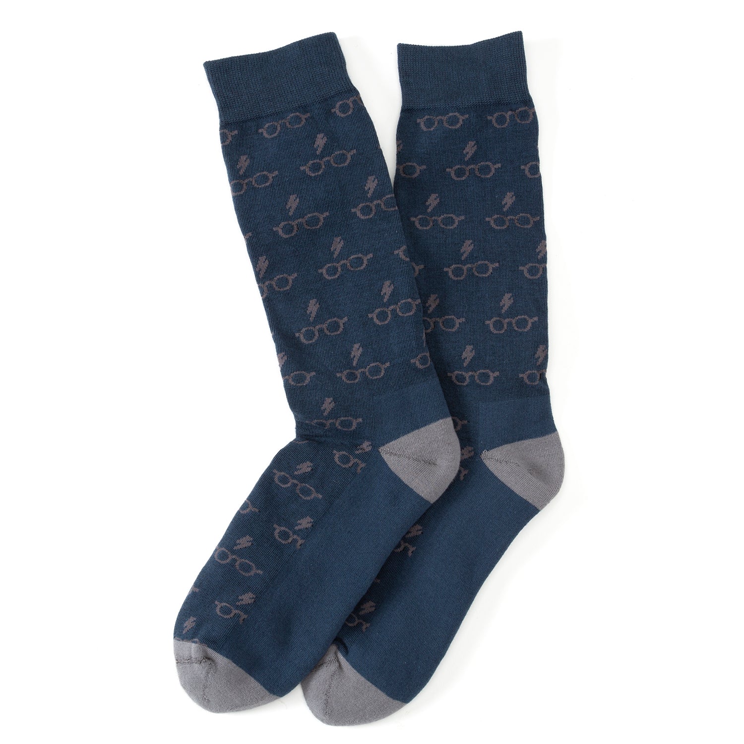Pair of blue socks with glasses pattern on a white background