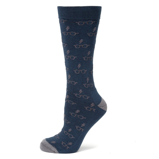 Navy sock with eyeglasses pattern on a white background