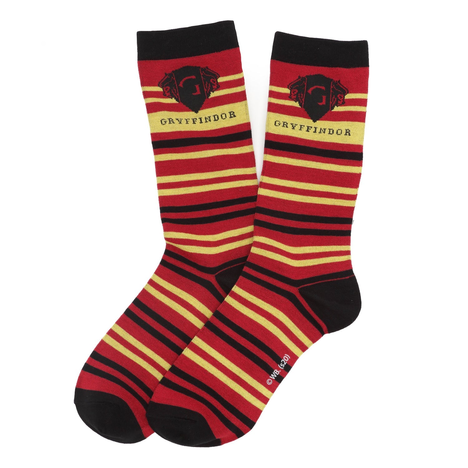 Gryffindor striped socks with black, red, and yellow colors on a white background