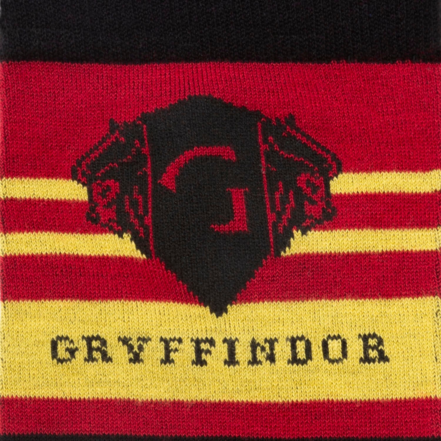 Sock with Gryffindor logo and stripes in red, yellow, and black