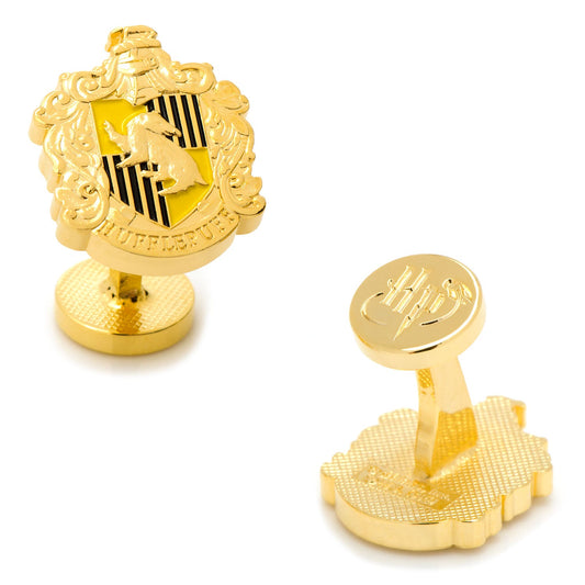Gold Harry Potter-themed cufflinks with Hogwarts crest on a white background