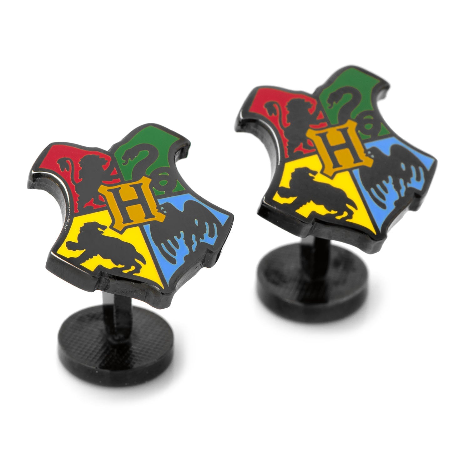 Hogwarts house crest cufflinks on a white background