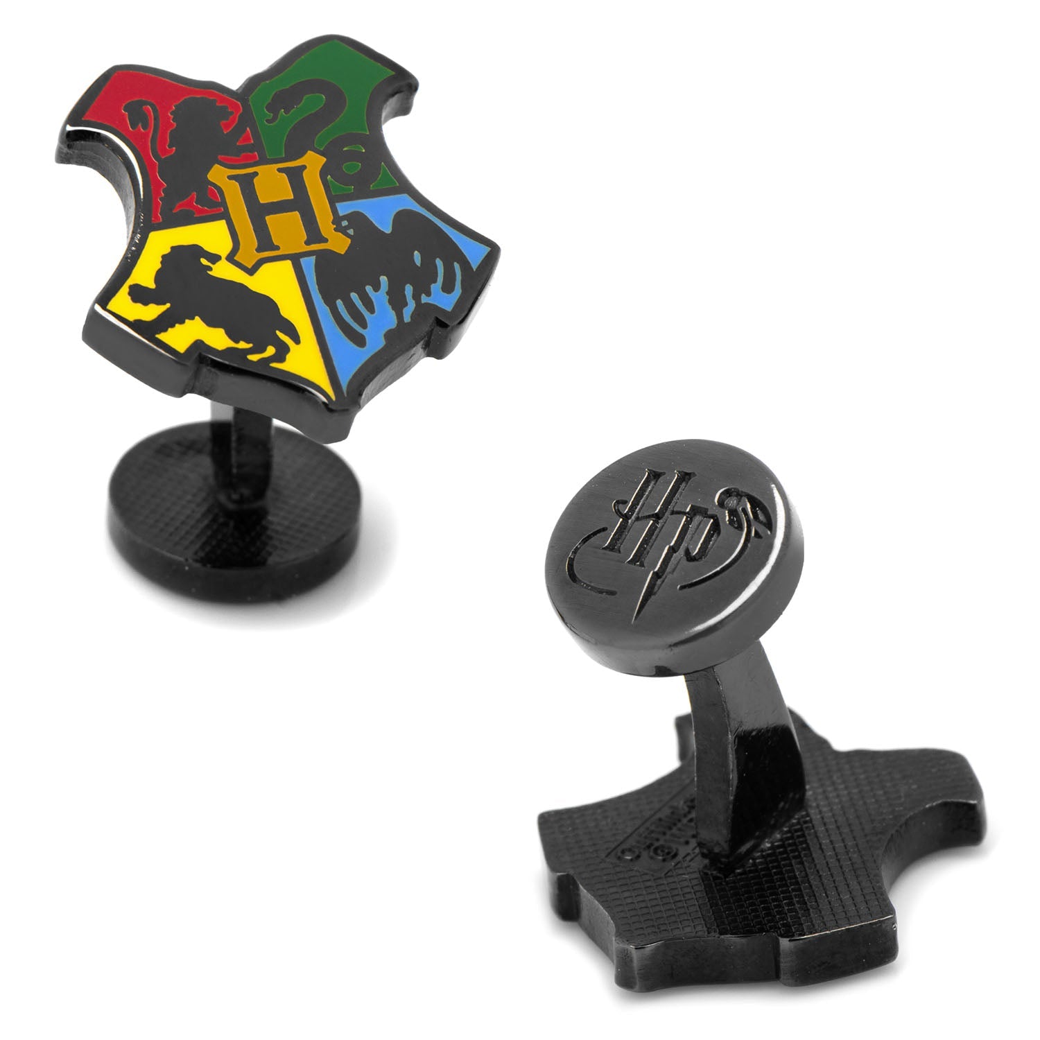 Cufflinks with Hogwarts crest design on a white background