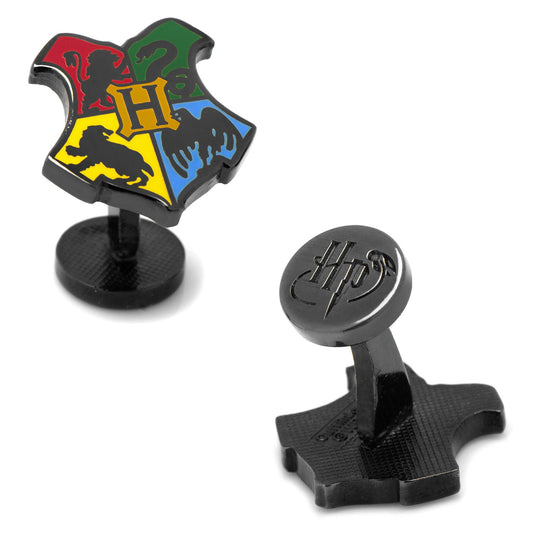Cufflinks with Hogwarts crest design on a white background