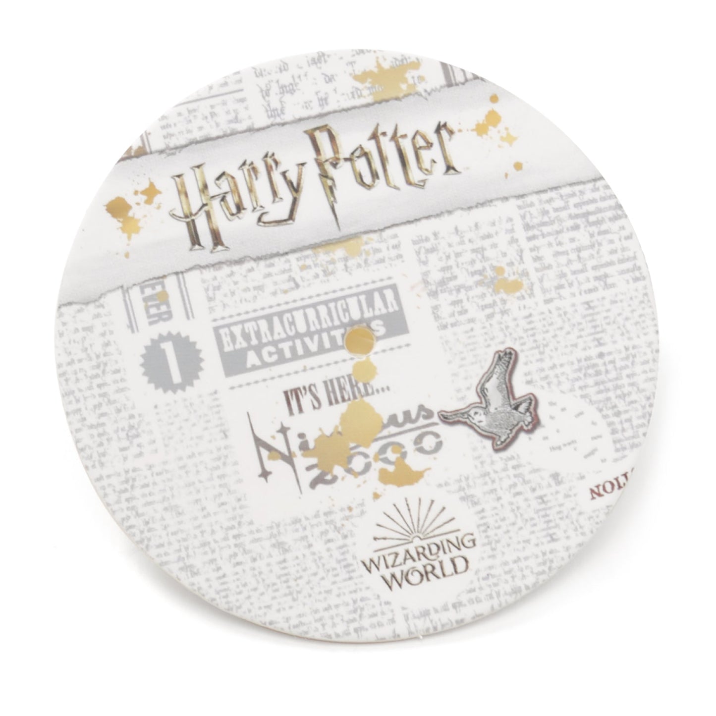 Round coaster with Harry Potter branding and text on a white background