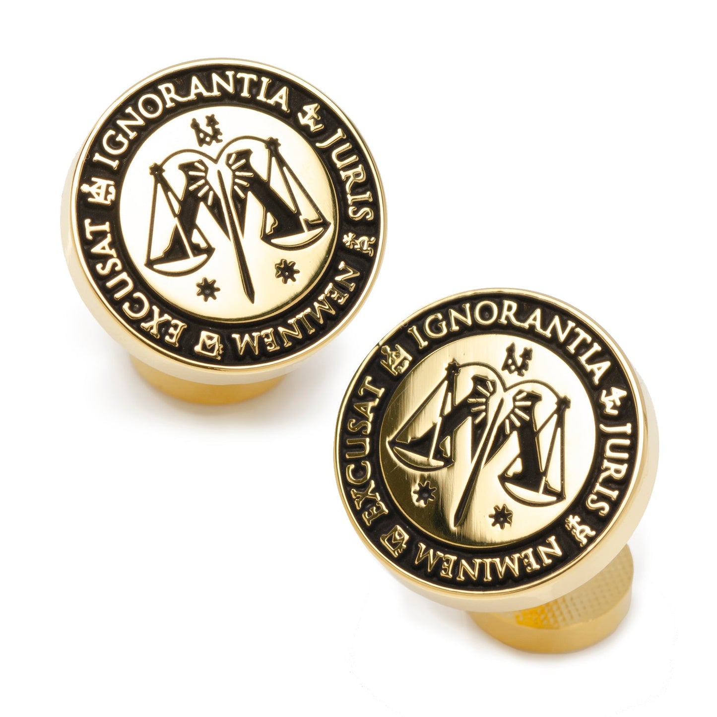 Gold cufflinks with legal theme design on a white background Harry Potter Ministry of Magic Wizengamot Cufflinks