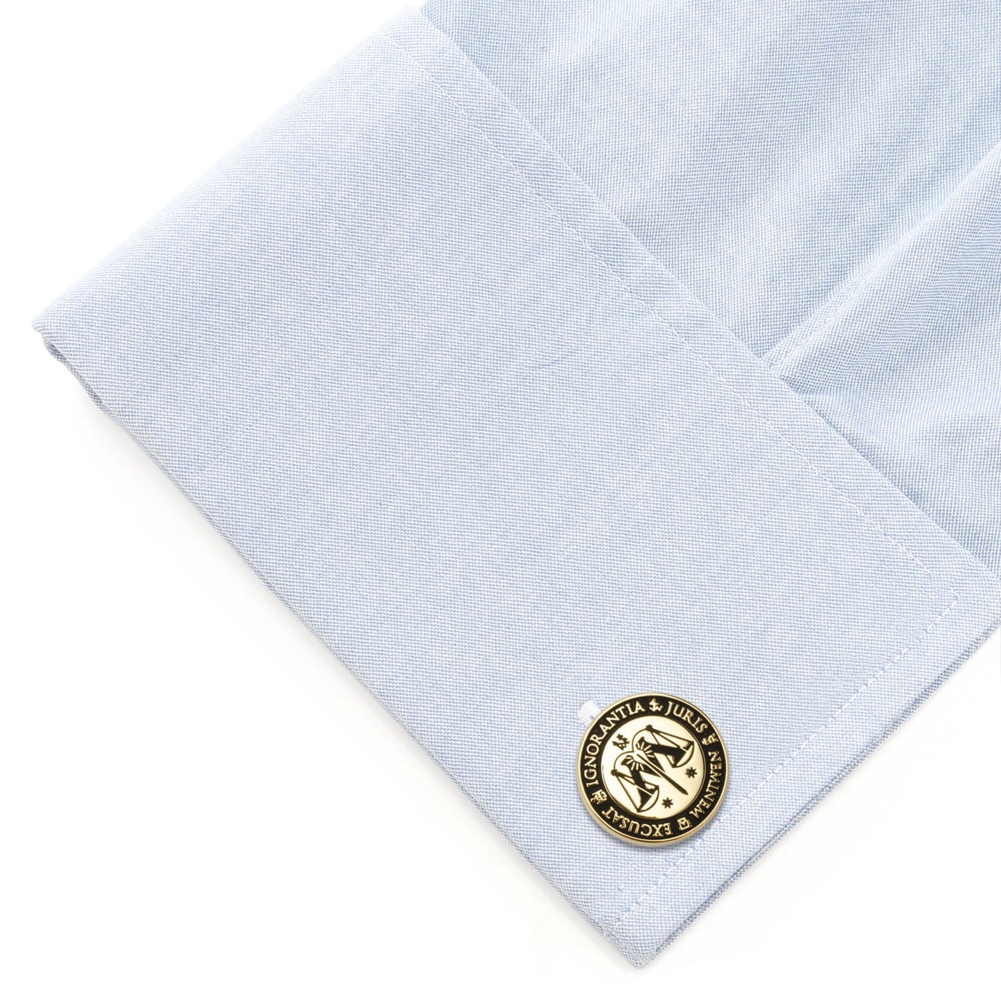 Cufflink on a light blue dress shirt with a white background Harry Potter Ministry of Magic Wizengamot Cufflinks
