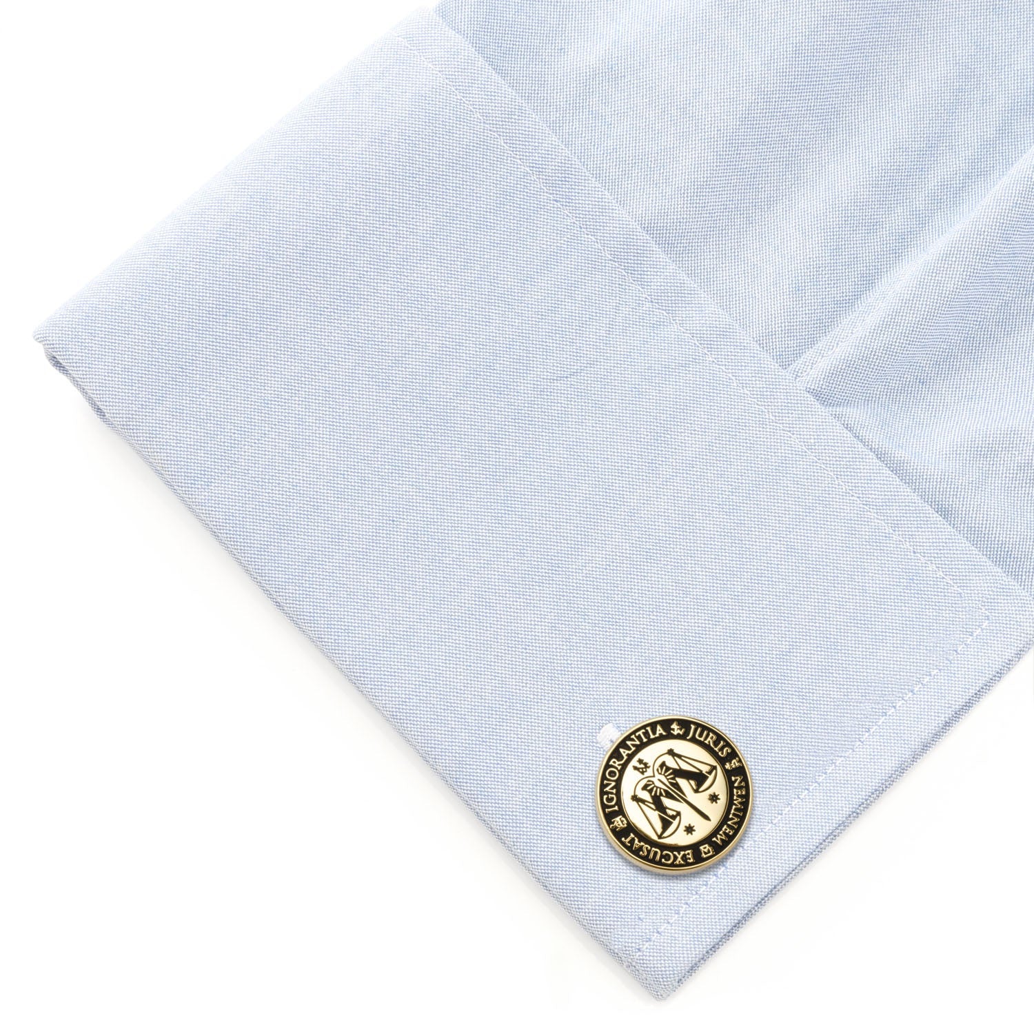 Cufflink on a light blue dress shirt with a white background Harry Potter Ministry of Magic Wizengamot Cufflinks