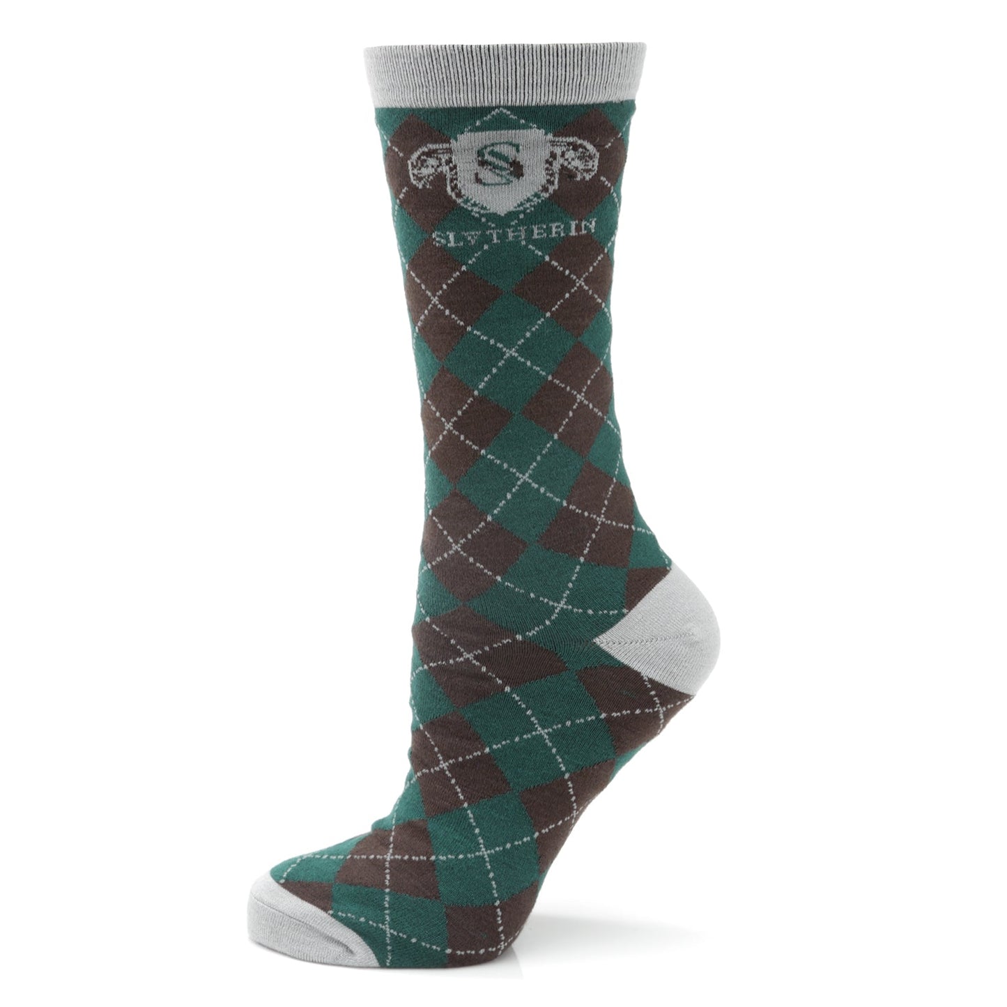 Slytherin-themed sock with argyle pattern on a white background