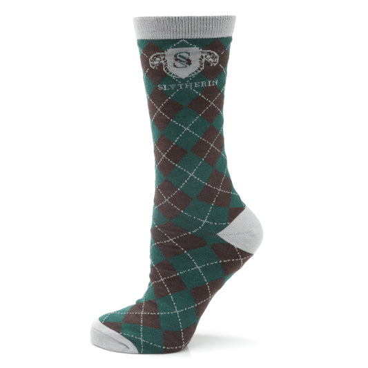 Slytherin-themed sock with argyle pattern on a white background