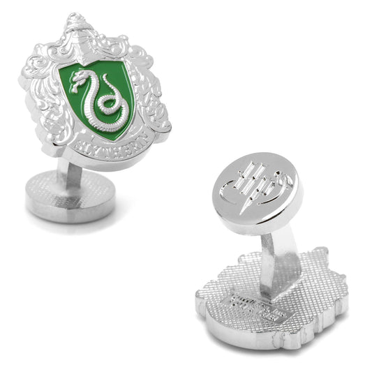 Slytherin crest cufflinks with green shield and silver snake design on a white background