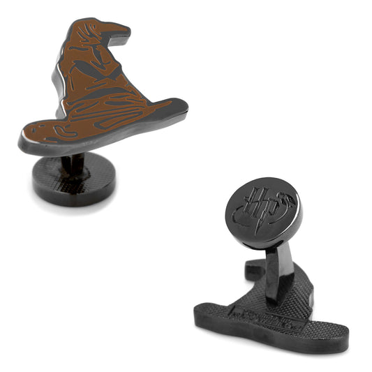 Cufflinks with a design of a Sorting Hat from Harry Potter on a white background