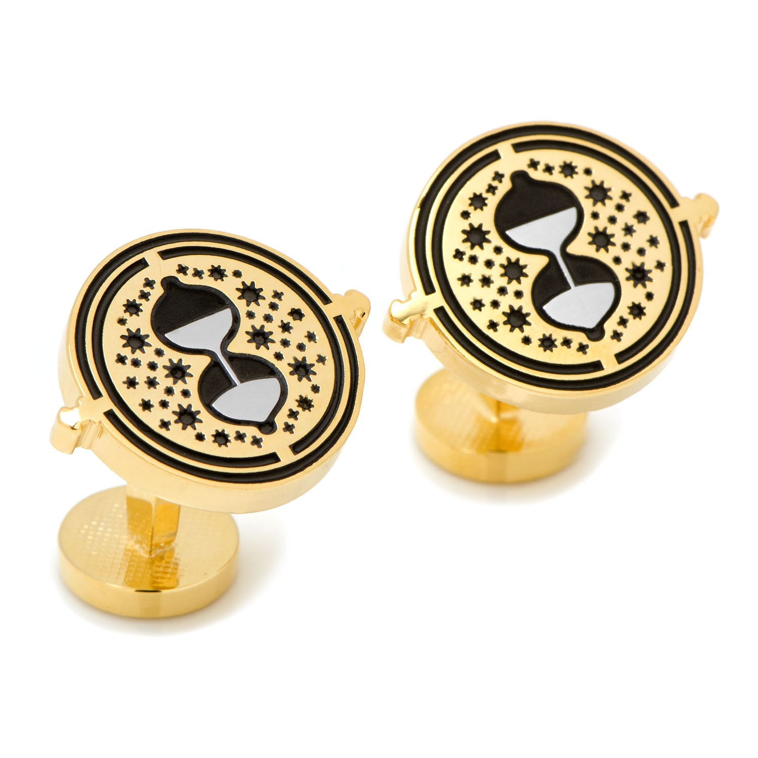 Gold cufflinks with hourglass design on a white background