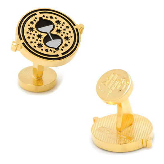 Gold cufflinks with hourglass design on a white background