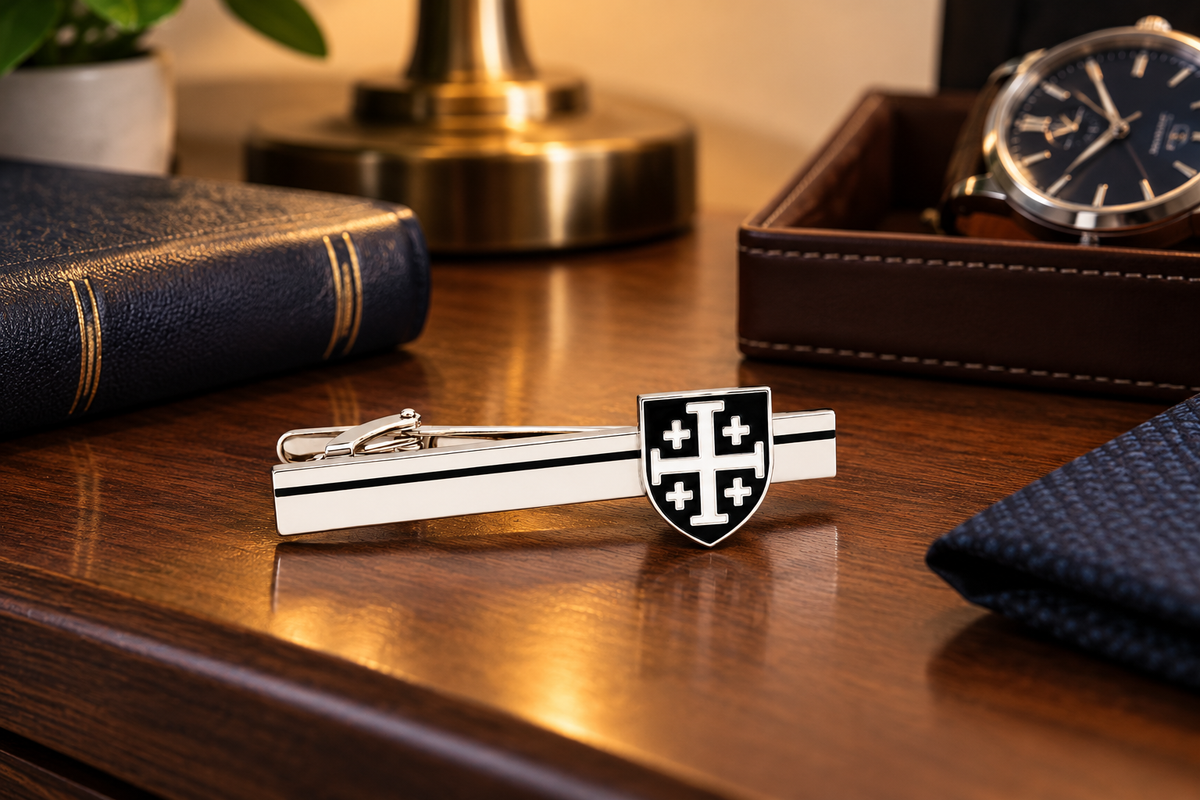 Jerusalem Cross Shield Tie Clip Black White nightstand