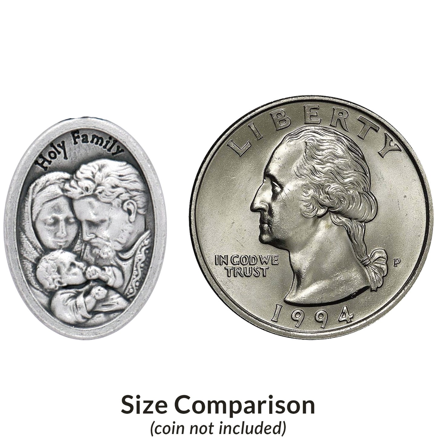 Size comparison of a religious medallion and a U.S. quarter coin on a white background.