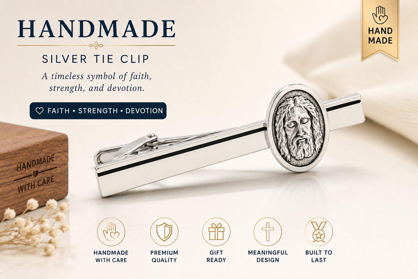 Handmade silver tie clip with Jesus face design on a light background, featuring text about its qualities.