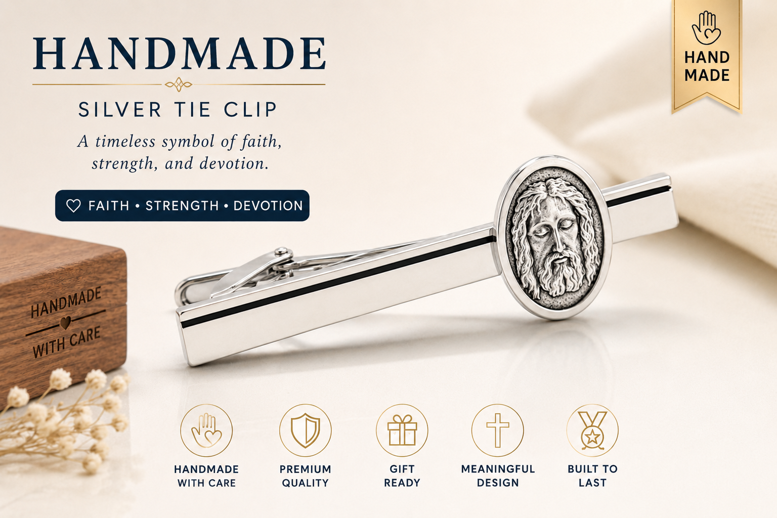 Handmade silver tie clip with Jesus face design on a light background, featuring text about its qualities.