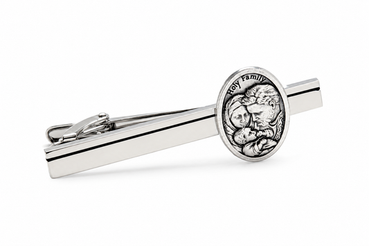 silver Holy Family tie clip close up detailed Jesus Mary Joseph medallion mens religious accessory