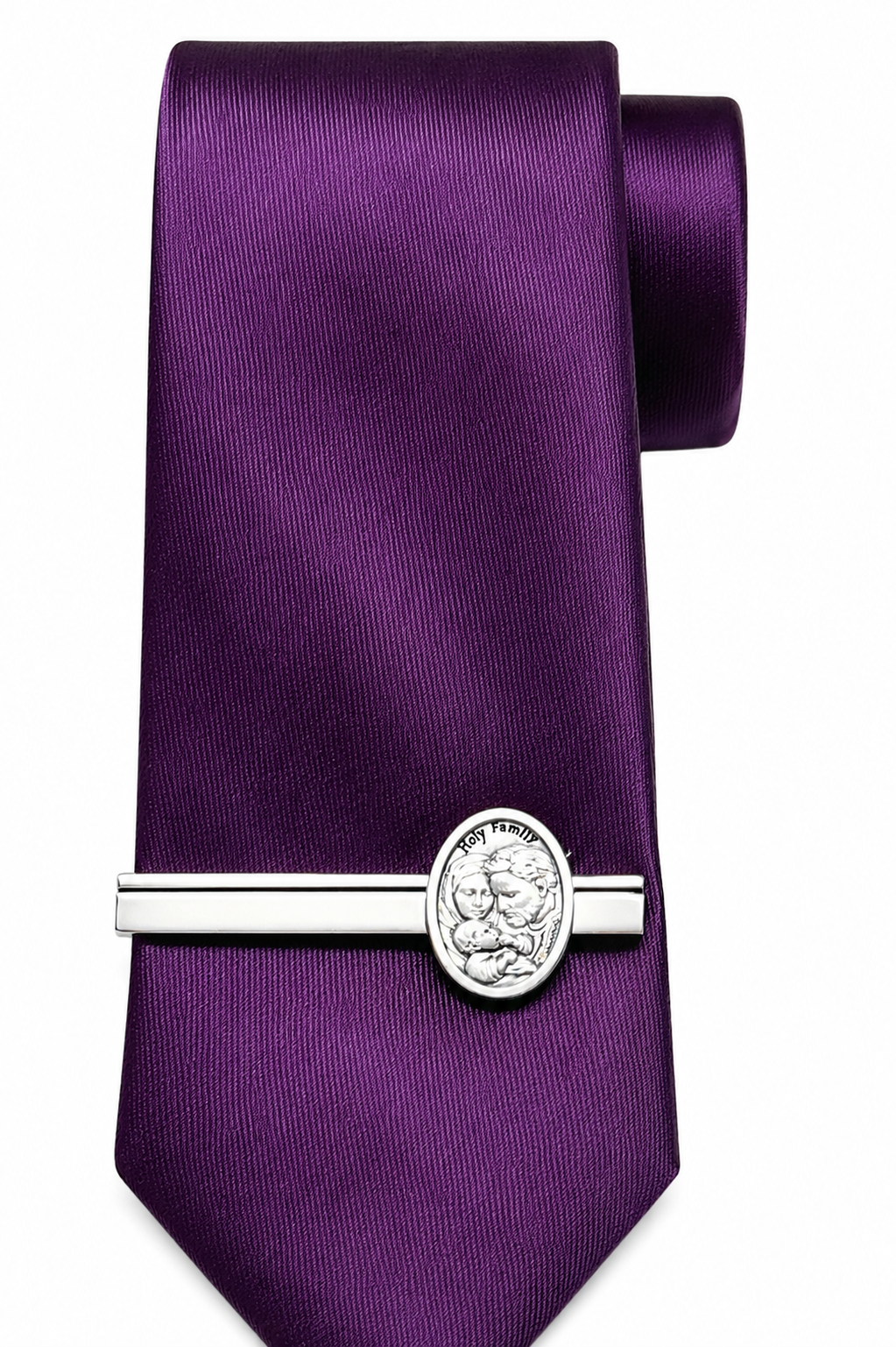 close up of Catholic Holy Family tie bar detailed religious mens accessory silver finish