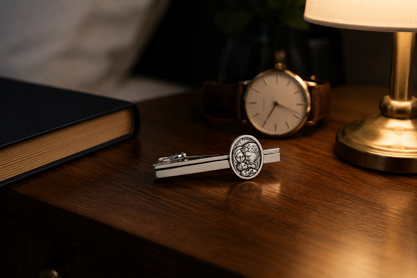 mens silver tie clip Holy Family design elegant church accessory gift for Catholic men
