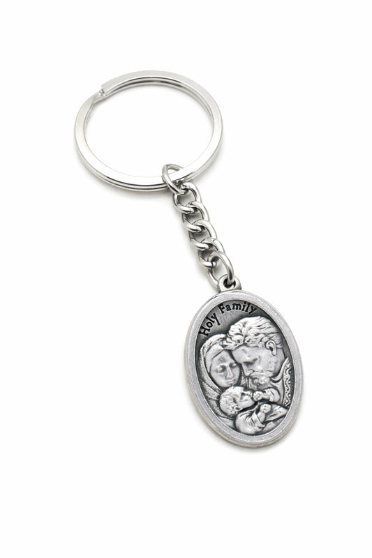 Holy Family Catholic keychain with Jesus Mary and Joseph medal on white background