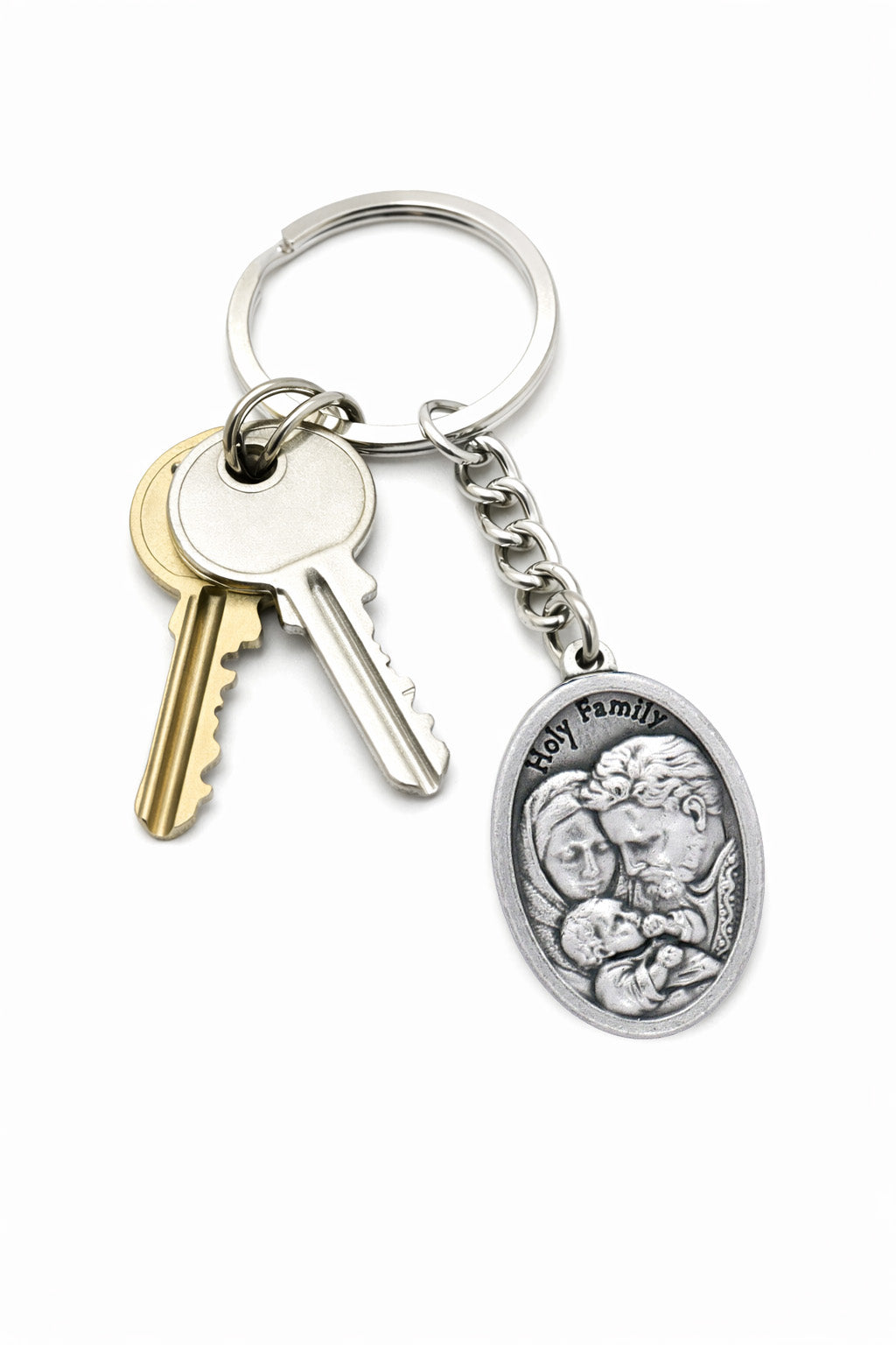 Holy Family Catholic keychain with Jesus Mary and Joseph medal on white background
