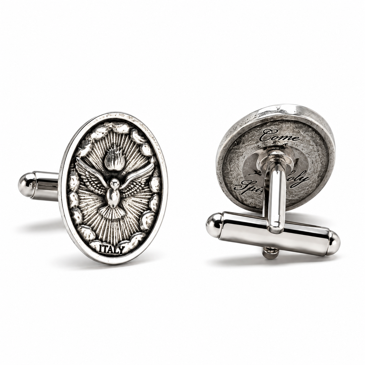 A pair of silver-toned oval cufflinks displayed on a clean white background. One cufflink is shown from the front, featuring an embossed angel design with the word 'ITALY' at the bottom.