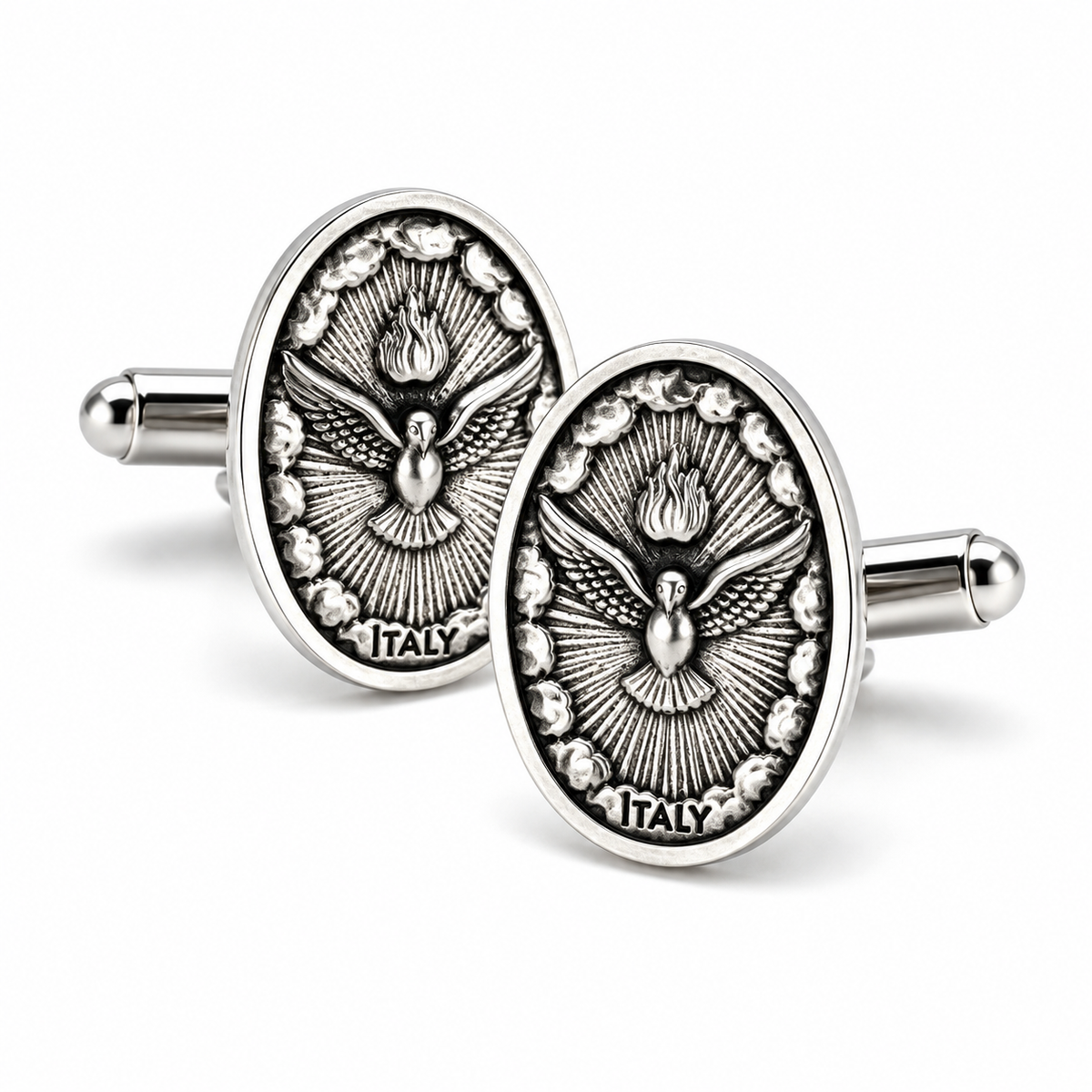A pair of oval silver-toned cufflinks featuring an embossed dove motif with the word 'ITALY' at the bottom, shown on a clean white background.