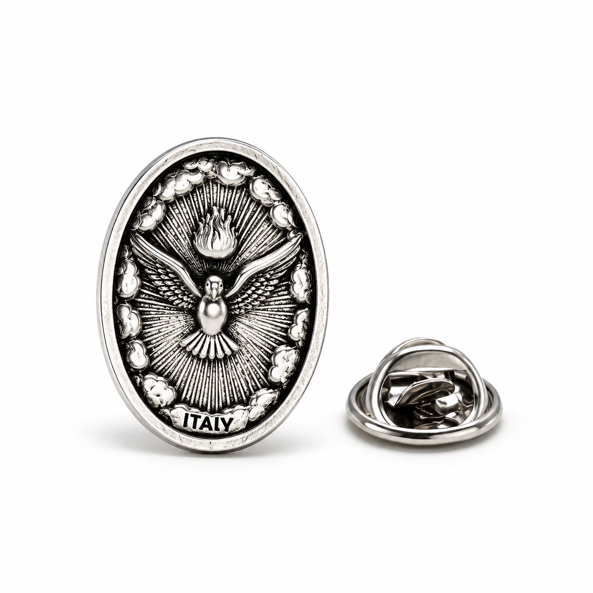 An oval silver-tone metal pin featuring an embossed winged figure with a flame and the word 'ITALY' at the bottom, shown alongside the back of the pin on a white background.
