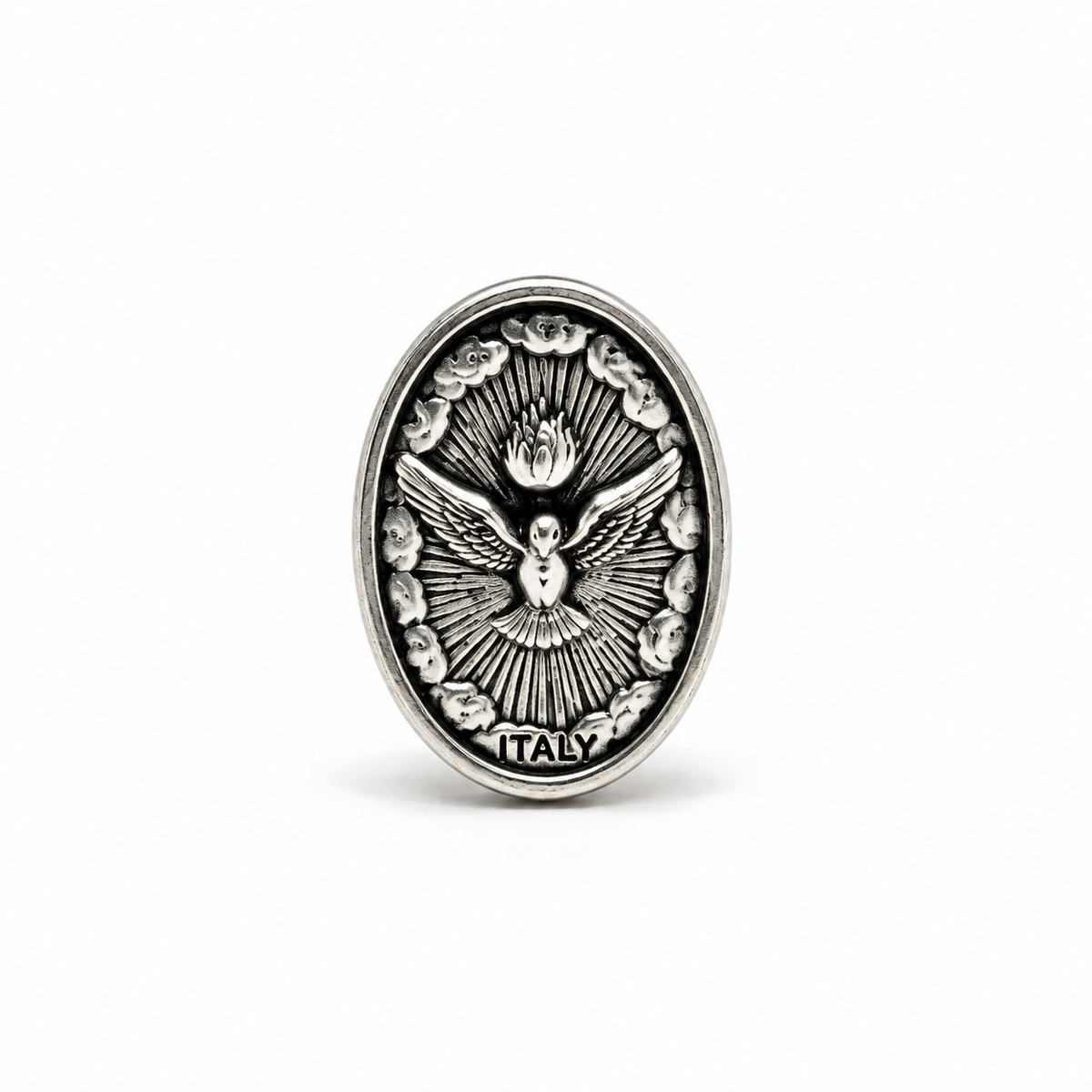 An oval silver-toned coin charm featuring a raised dove with wings spread, surrounded by rays and clouds, with the word 'ITALY' at the bottom, shown on a clean white background.