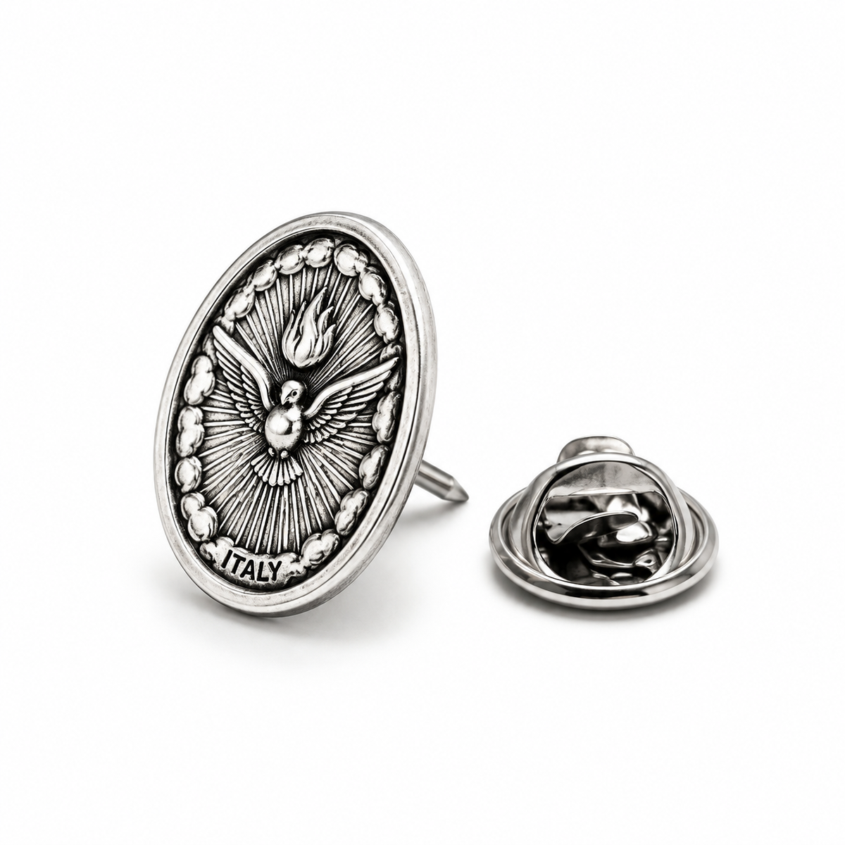 Silver oval pinback earring featuring an embossed dove of peace design with the word 'ITALY' at the bottom, shown alongside the reverse side of the clasp on a white background.