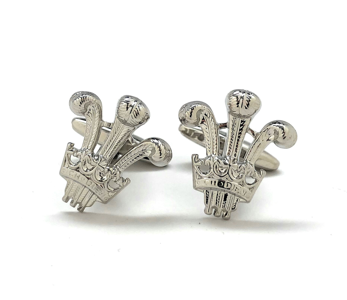 Silver Prince of Wales cufflinks featuring the classic three-feather royal emblem – luxury men’s accessories from JayPins