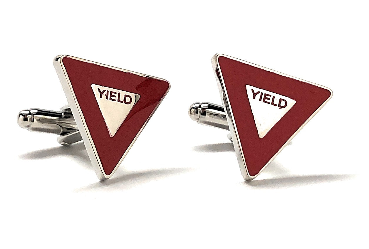 Yield Sign Cufflinks Yield Street Sign Red Enamel with Silver Highlights Cuff Links