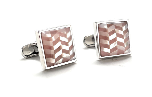 Cufflinks Chevron Mother of Pearl Pattern Pink Shell Silver Platting Backing Anniversary Gift Classic Cufflinks Groomsmen Gift