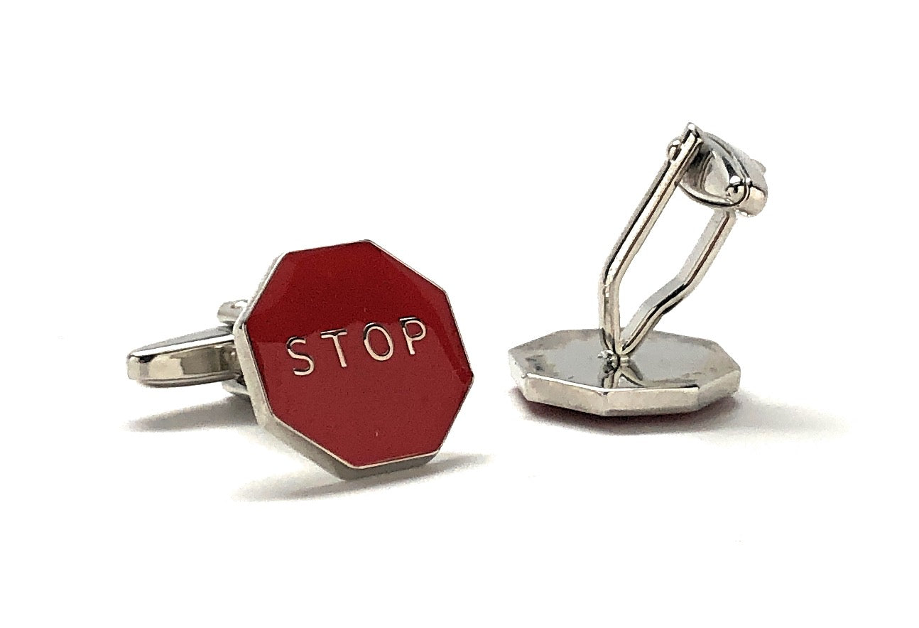 Stop Sign Cufflinks Stop Street Sign Red Enamel with Silver Highlights Cuff Links