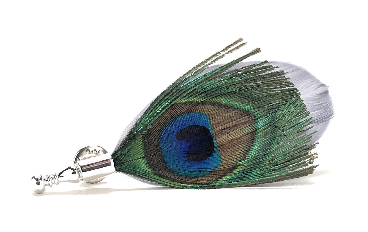 Peacock feather lapel pin with silver base for men’s suits