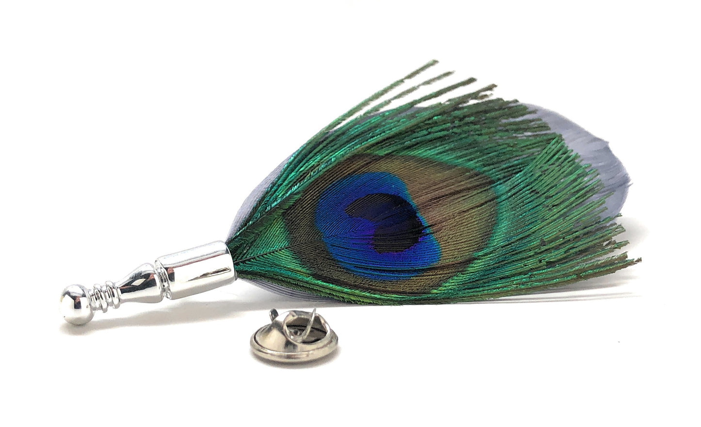 Peacock feather lapel pin with silver base for men’s suits