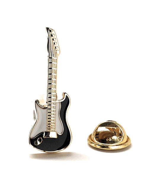 Rock and Roll Guitar Pin Black White Gold Trim Enamel Pin