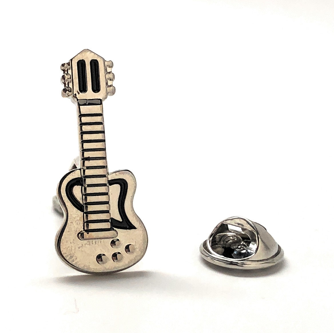 Silver Rock and Roll Lapel Pin Black Trim Enamel Pin