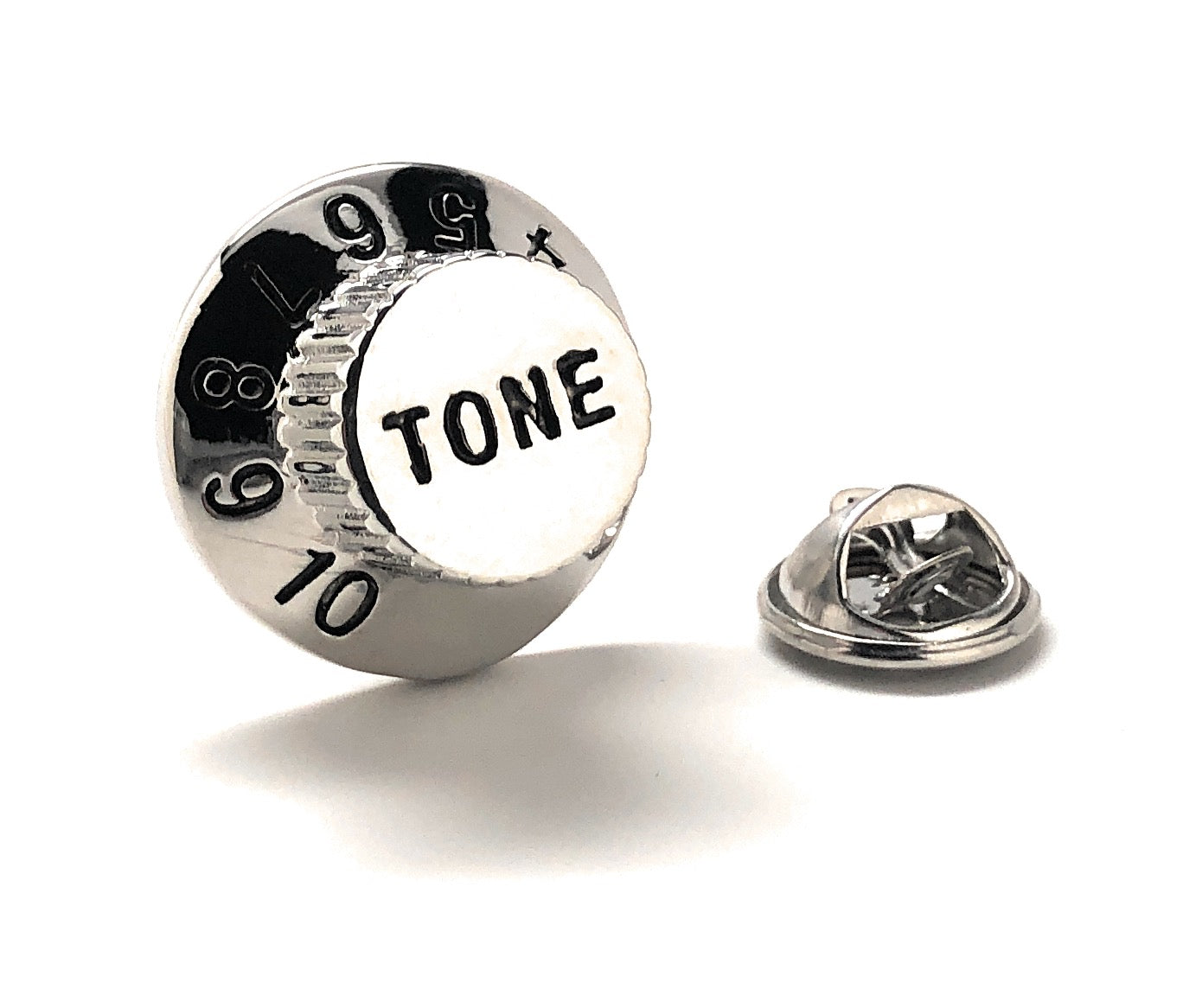 Tone Knob Lapel Pin Guitar Amp Knob Silver with Black Trim Enamel Pin