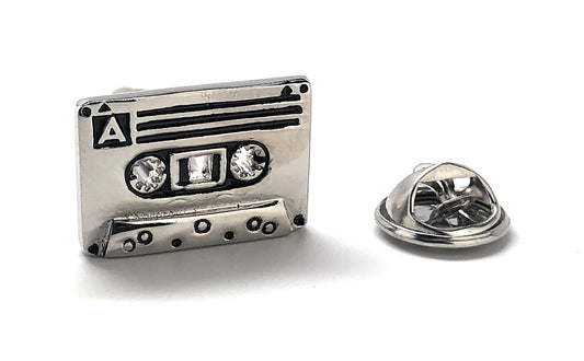 Cassette Tape Lapel Pin Old School Retro DJ Silver Black Enamel Pin