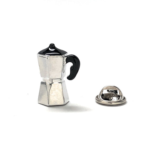 Miniature silver espresso pot with black handle on a white background