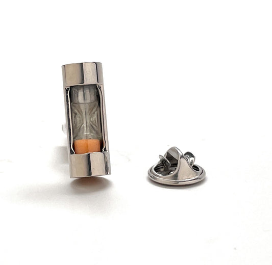 Orange Hourglass Lapel Pin – Timeless Silver Sand Timer Accessory for Men
