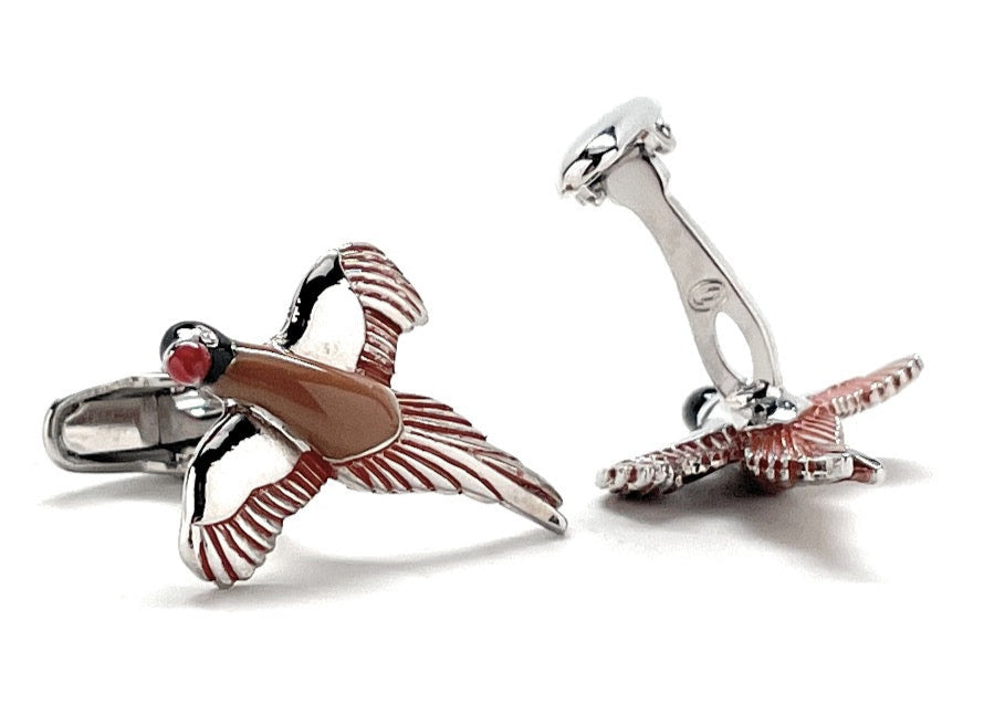 Pair of silver and red lobster-shaped cufflinks on a white background