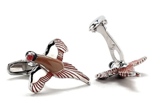 Pair of silver and red lobster-shaped cufflinks on a white background