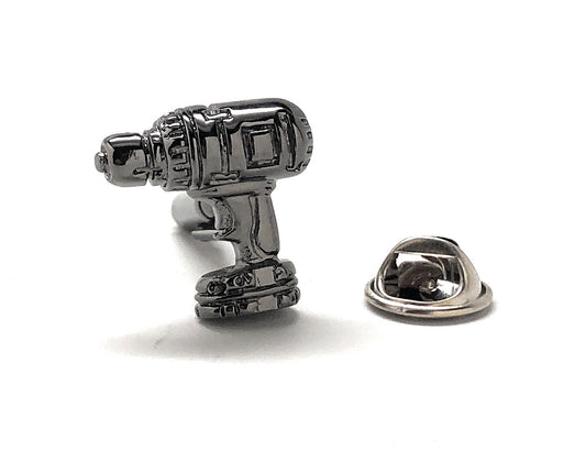Metallic drill-shaped lapel pin on a white background