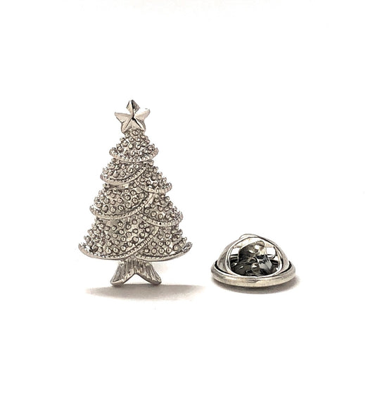 Silver Christmas tree-shaped lapel pin on a white background