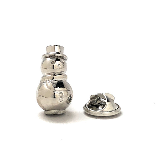 Silver snowman-shaped lapel pin on a white background